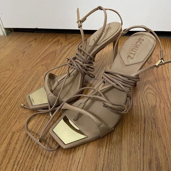 SCHUTZ Tan Strappy Stiletto wrap up heels size US 10 - Picture 2 of 9